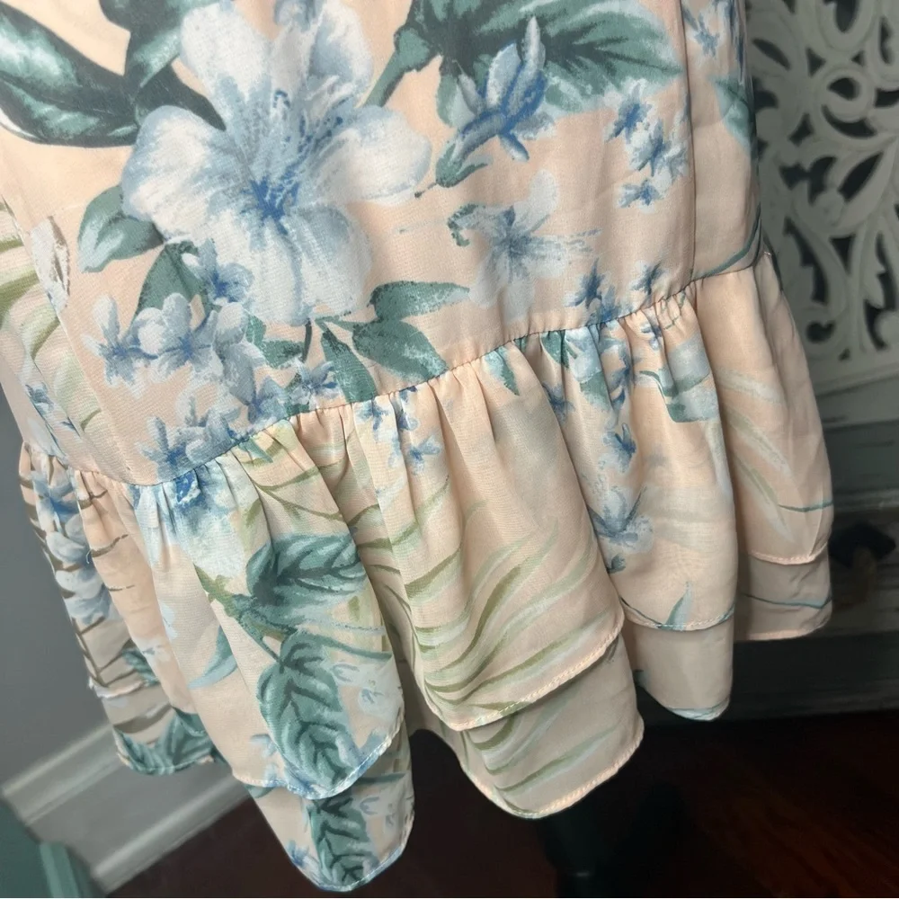 Lulus Sunrise Journey Blush Floral Lace Up Ruffle Mini Dress Size Small - Picture 7 of 16